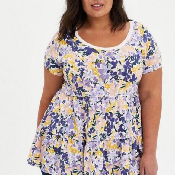 TORRID Multicolor Babydoll Slub Scoop Neck Ladies Casual Tiered Top, 0/12 - Picture 1 of 7